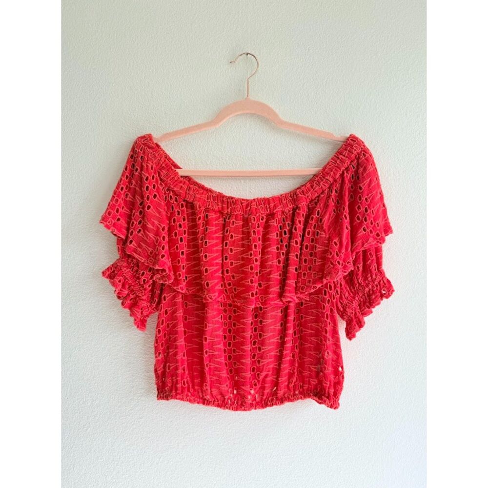 Free People 'That Girl' Eyelet Off The Shoulder Ruffle Crop Top in Red size S